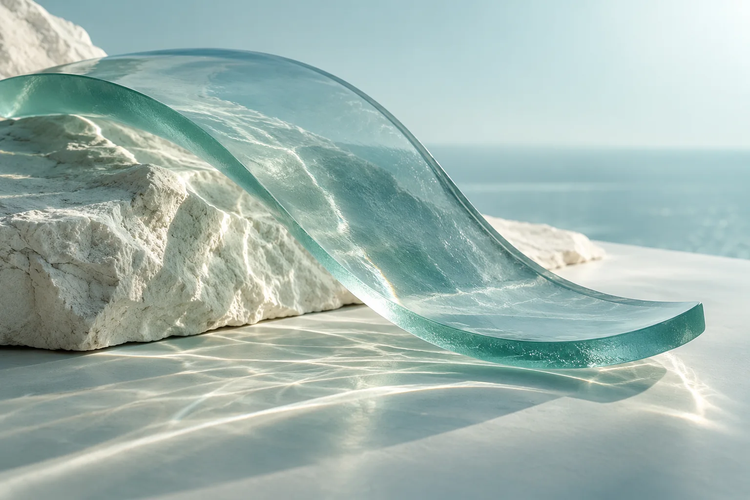 Pale aqua glass volumes and coastal light caustics.